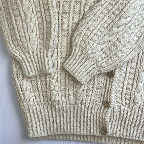 Hand Knit Chunky Sweater Cable Knit Wool Grandma Fisherman Cardigan Cream - Picture 7 of 11